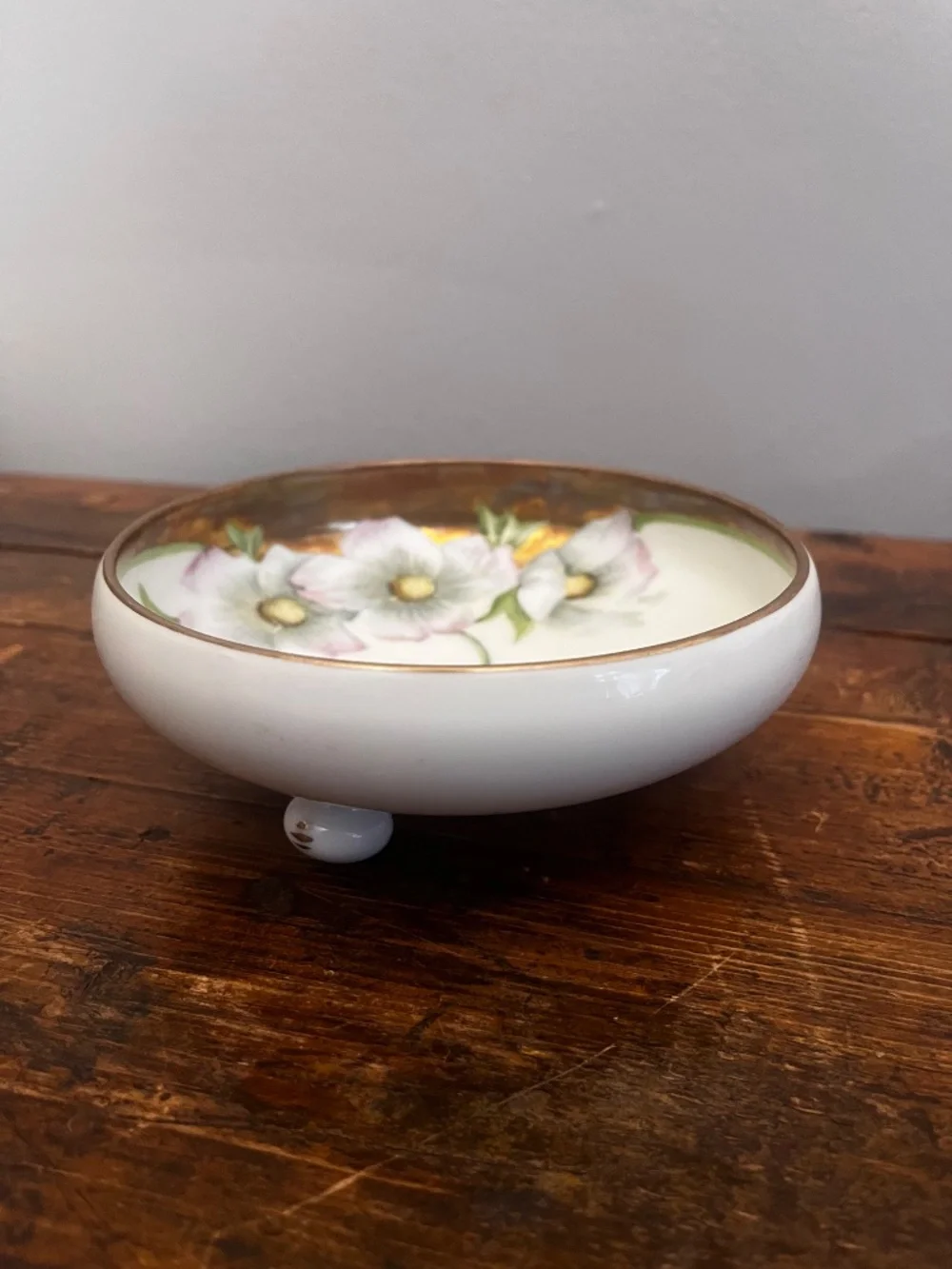 Vintage Hand-Painted Porcelain Floral Trinket Box / Vanity Three Legged Dish